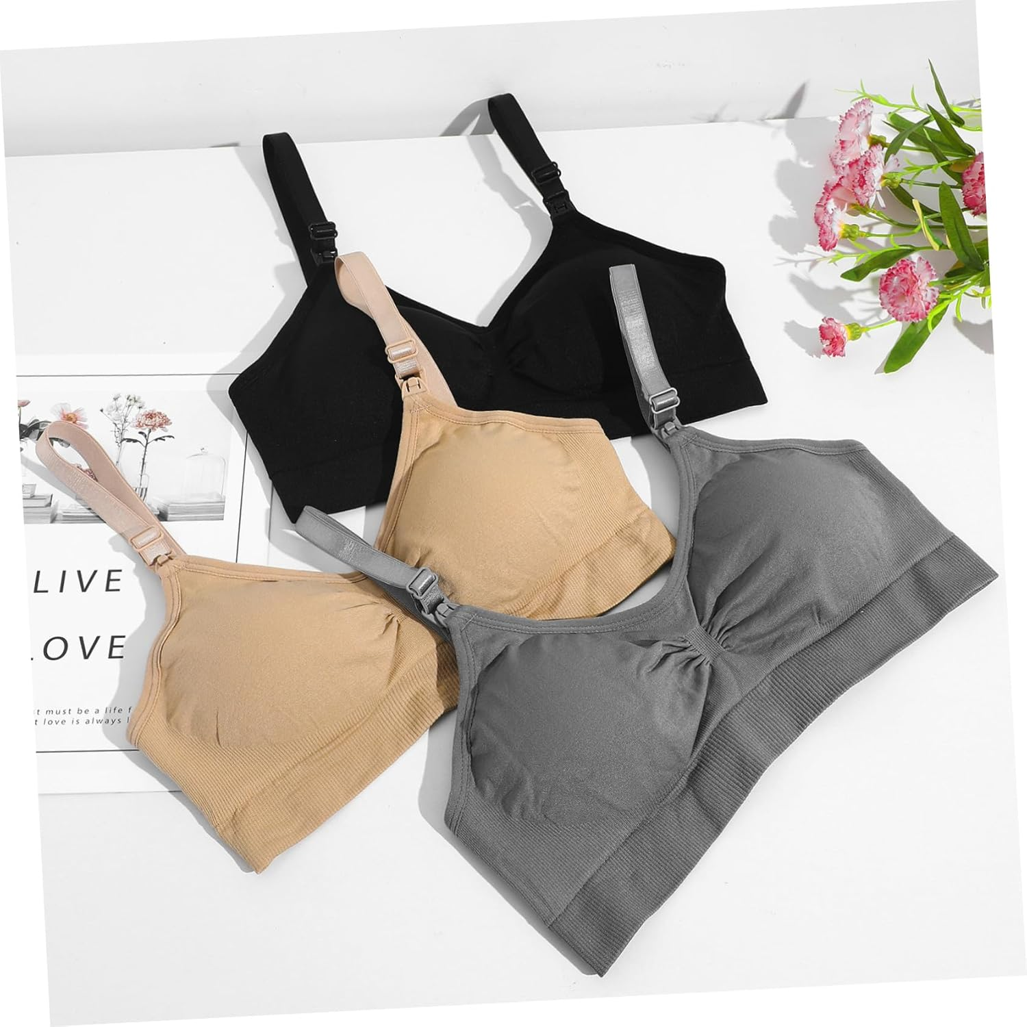 CALLARON 3Pcs Maternity Nursing Bras Breastfeeding Bras Nursing Bralette Soft Spandex Nylon Quick One-Hand Clip for Pregnant Women Sleep Daywear image number 6