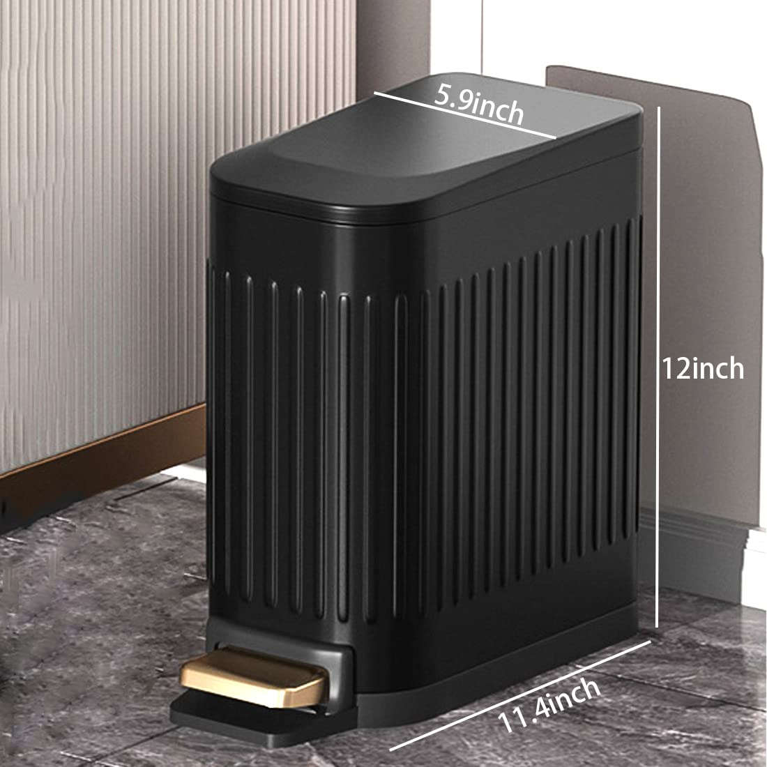 Small Bathroom Trash Can with Lid Soft Close, 6 Liter Pedal Bin, Stainless Steel Slim Garbage Bin with Inner Bucket for Bedroom, Office, Kitchen (Black) image number 1