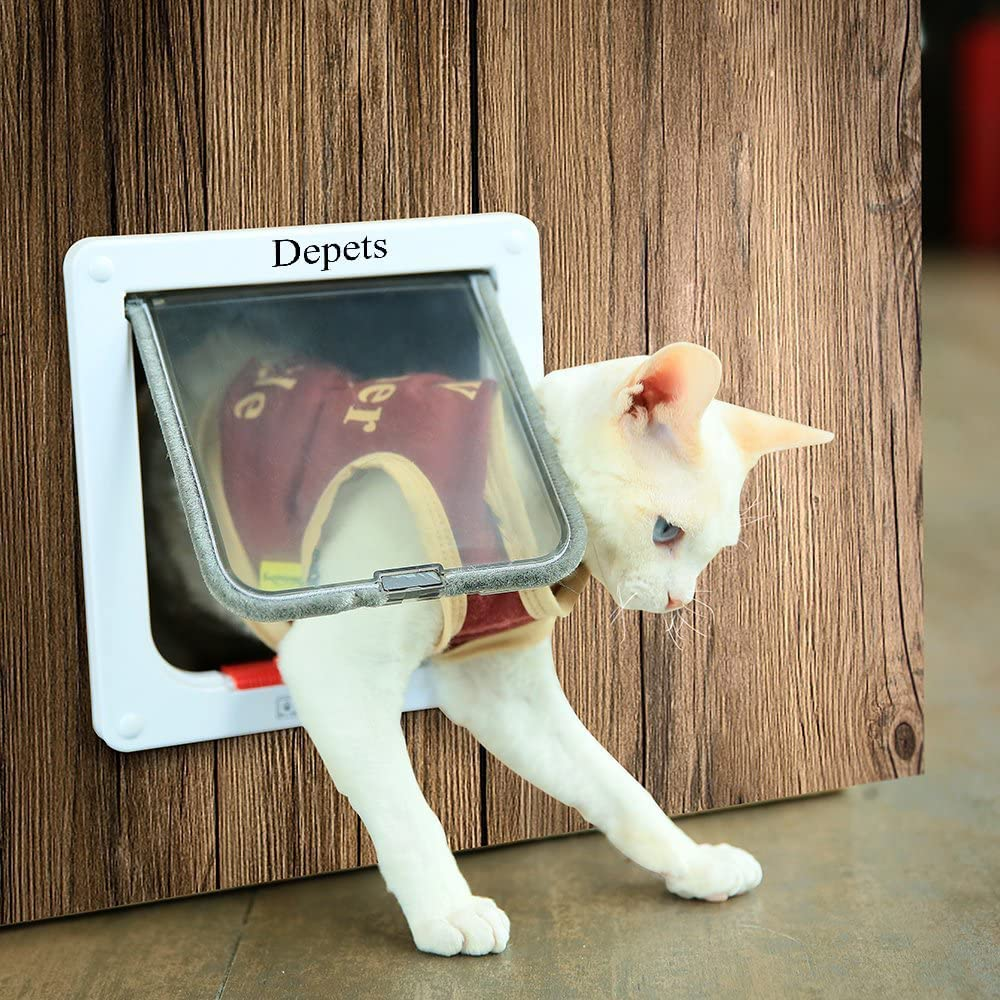 Cat Door Depets, 4 Way Lock Cat Flap Door, White Pet Hole for Doggie Cats, Medium Size 19Cm X 20Cm X 5.1Cm image number 5