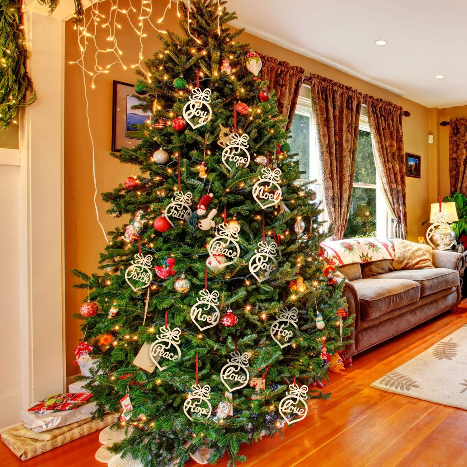 Boao 72 Pieces Christmas Wooden Hollow Hanging Ornaments Christmas Tree Hanging Tags with Red Ribbons for Xmas Decorations