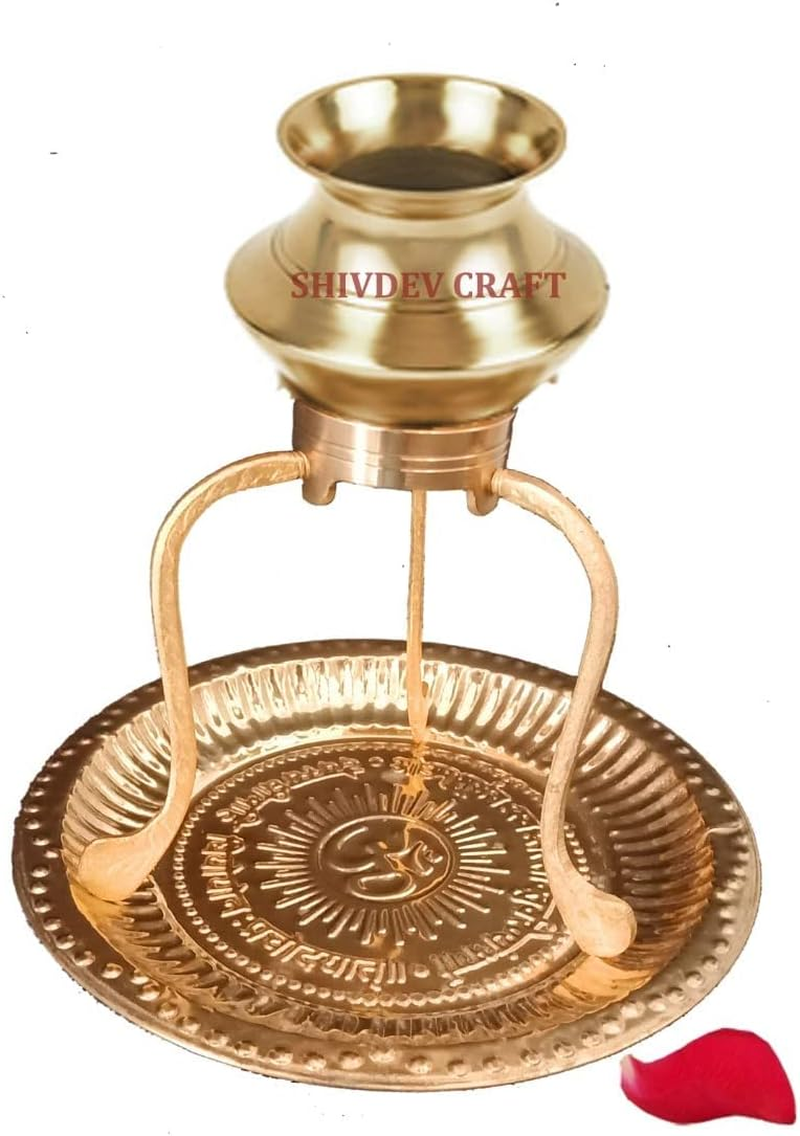 SHIVDEV CRAFT Shivling Jalabhishek Set with Brass Tripai Stand 5 Inch Height Brass Abhishek Lota/Kalash & Brass Pooja Plate 6 Inch Shiv Lingam Abhishekam Patra