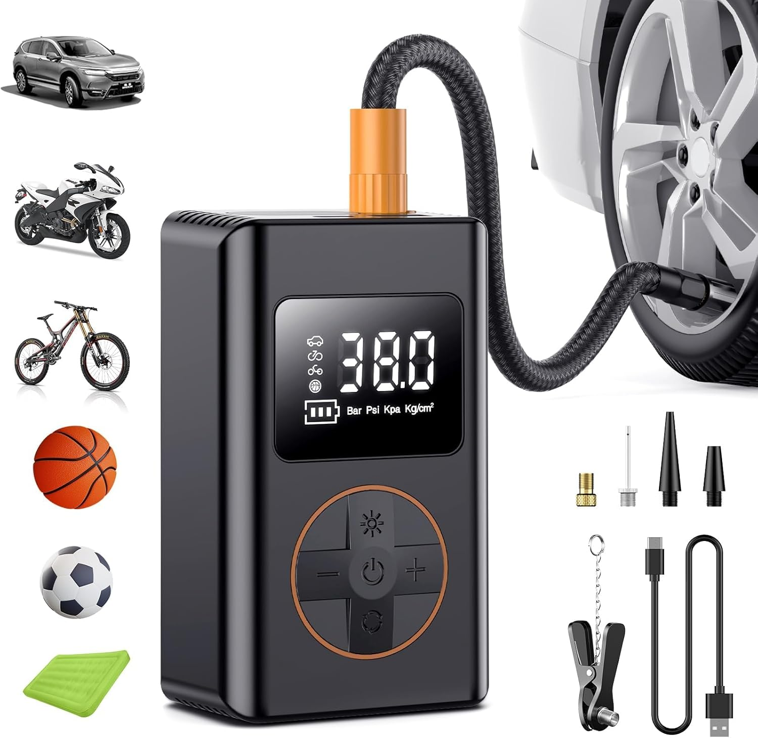 Tyre Inflator Portable Air Compressor,5 Mode Cordless Tyre Inflator 150PSI 6000Mah Rechargeable Power Bank Auto Shut-Off Digital Display Electric Air Pump W LED Light for Car, Motorcycle, Bike, Ball image number 3
