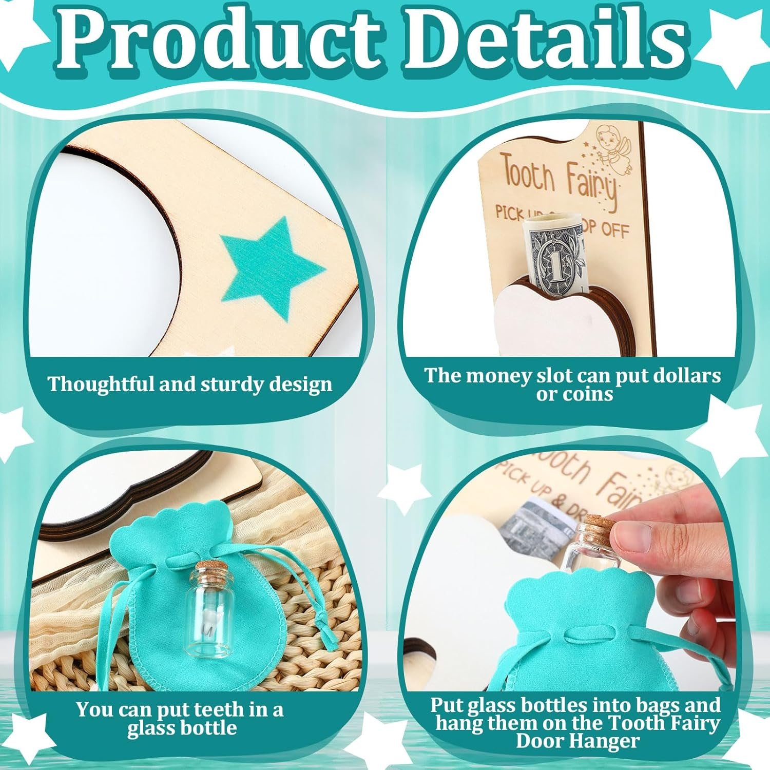 Doublefill Tooth Fairy Holder Bag Hanger with Money Slot Keepsake Bottle Velvet Pouch Tooth Fairy Box Encourage Gift for Lost Teeth Boy Girl Milk(Classic,Lake Blue) - Blue Brown image number 7