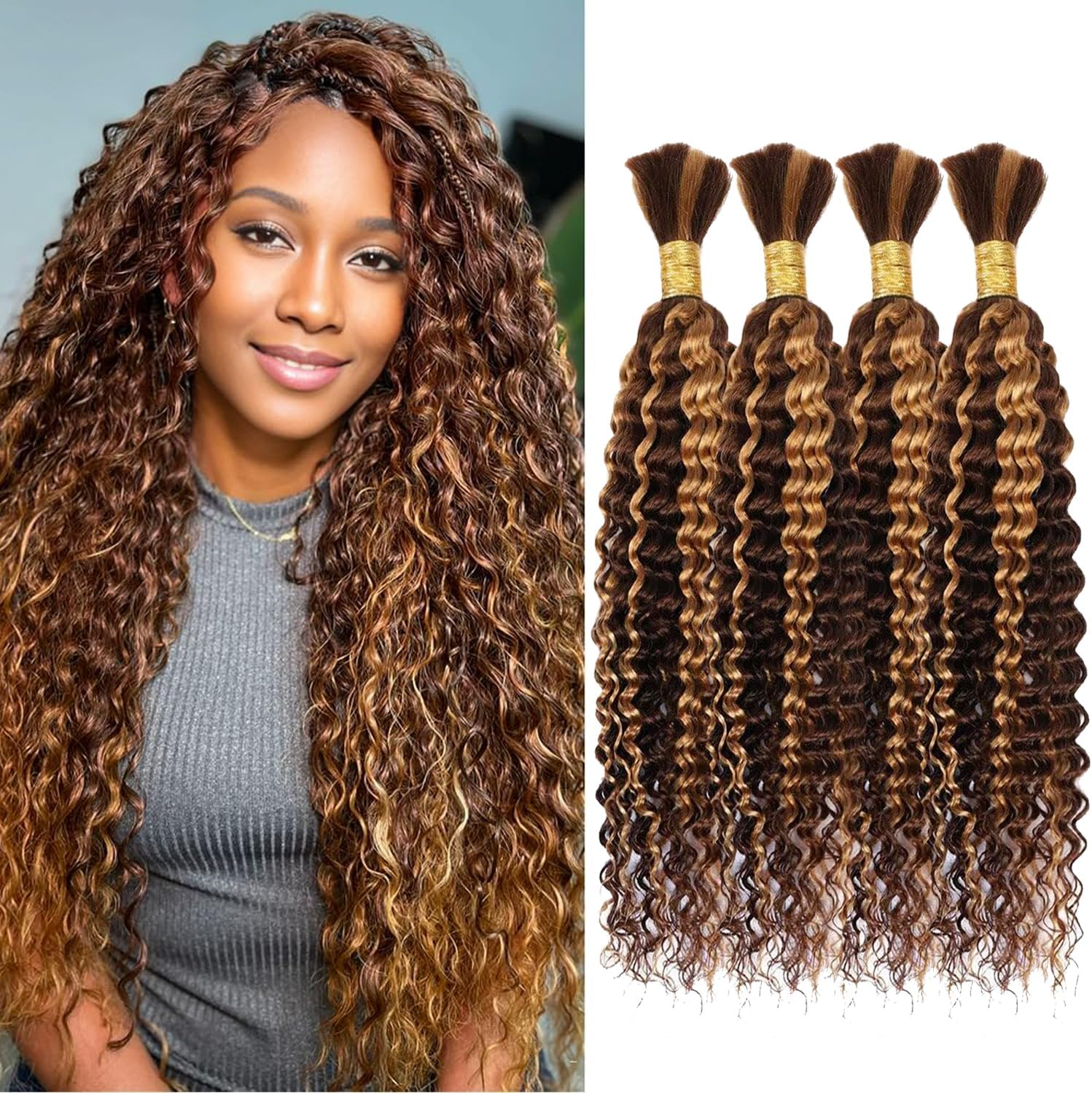 Deep Wave Bulk Human Hair for Boho Braids Human Braiding Hair for Micro Braid 100% No Weft Brazilian Virgin Curly Human Hair Extensions for Boho Braids (Deep Wave 1B#, 18Inch 100G(50Gx2Bundles))