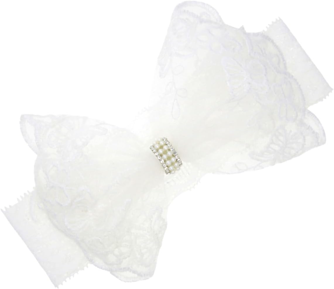 Baby Lace Headband and Bow for Newborn Girls, White Pearl Hair Bow Infant Hair Accessories, Soft Adjustable Headband Suitable for Babies and Toddlers image number 6