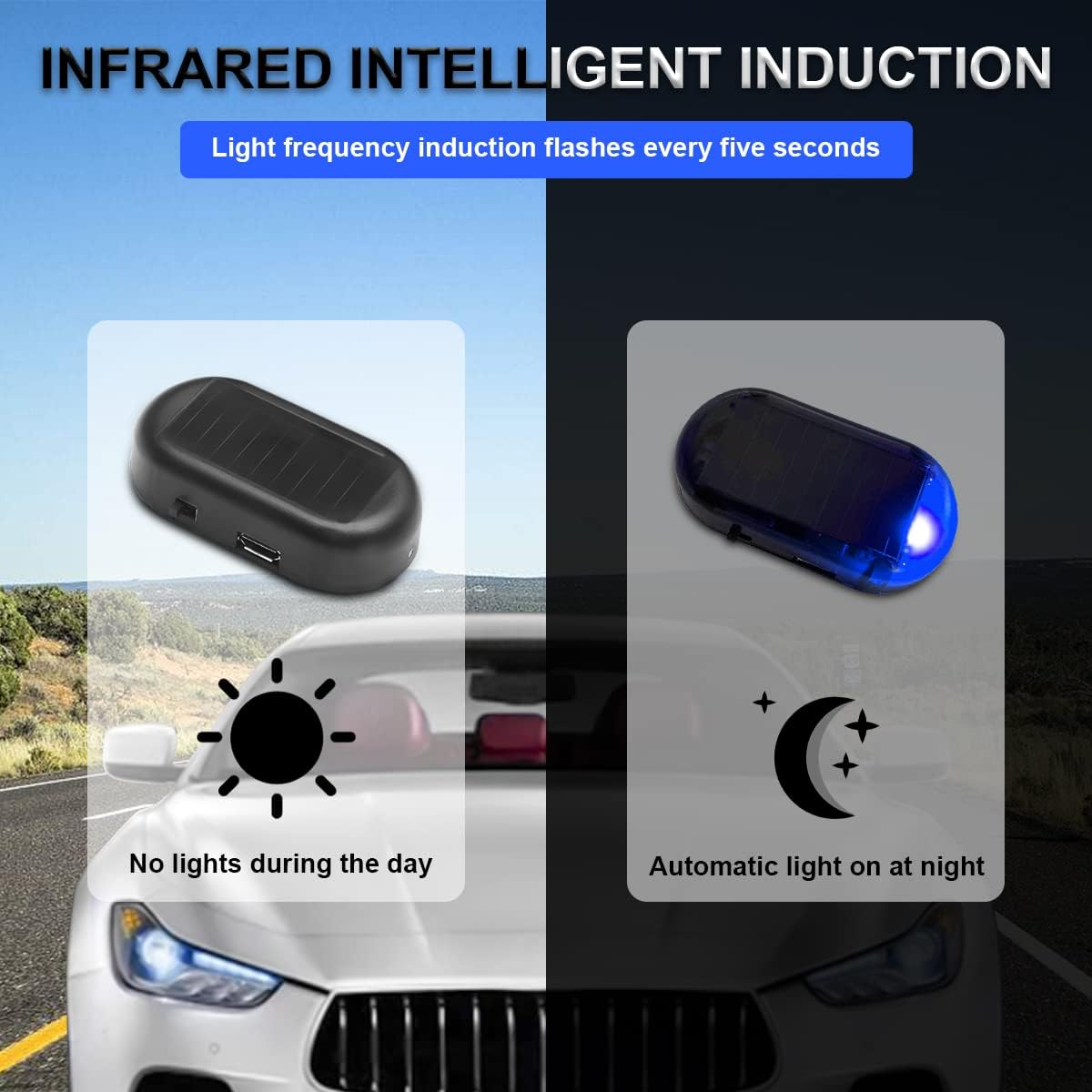 Car Solar Power Simulated Dummy Alarm, Anti-Theft LED Flashing Security Light Fake Lamp, Automotive Warning Interior Safety Lights with USB Charger Port, Car Accessories for Most Cars (Blue/1Pcs) image number 7