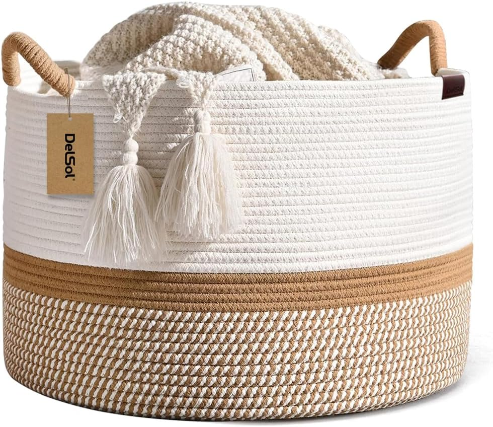 Delsol Large Blanket Basket Woven Wicker Nursery Cotton Rope Baskets for Storage Pillows Clothes Toy Organizer Hamper with Handle (Camel & White)