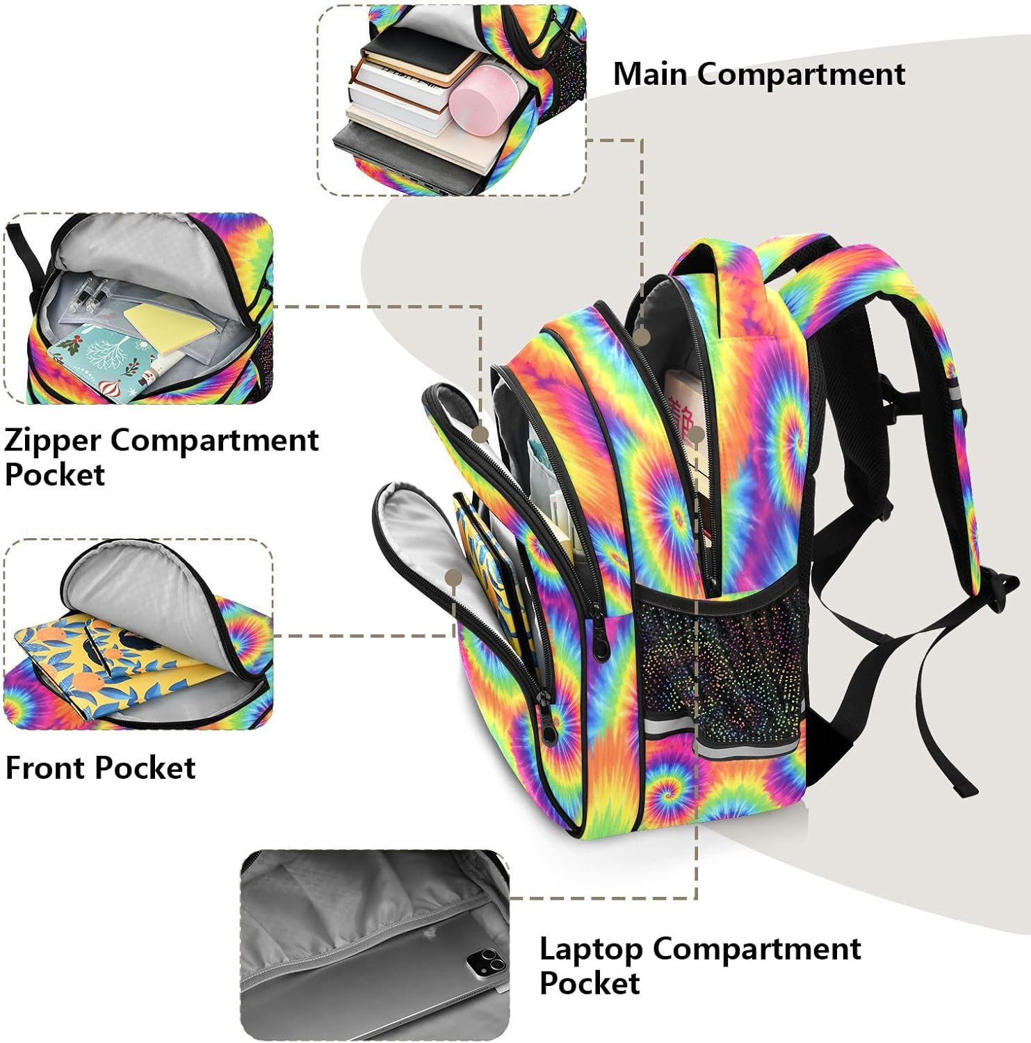 15 Inch Kids School Backpack for Boys Girls, Tie Dye Kids Laptop Backpack for Girls image number 6