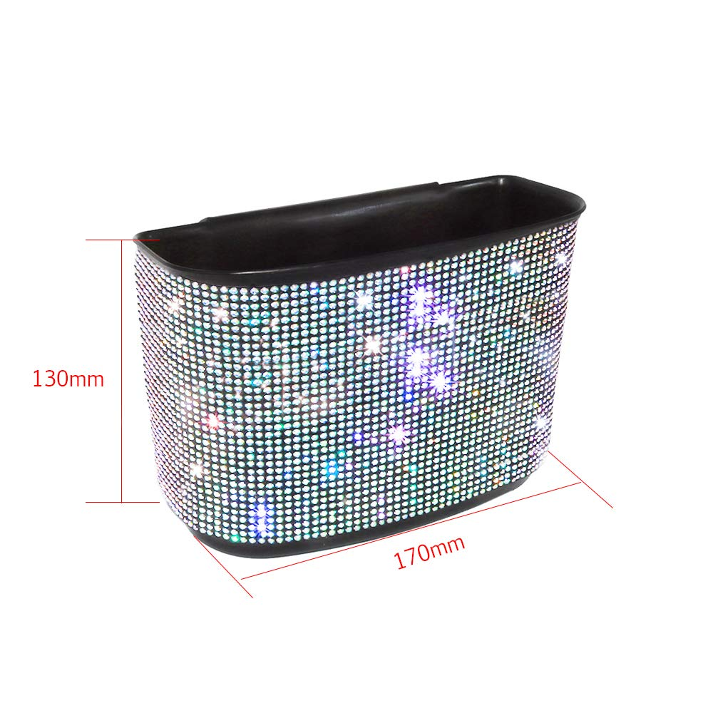 Idain Bling Crystal Car Trash Can Auto Hanging Car Trash Can Sparkling Storage Holder Litter Container for Vehicle Office Home (White Rhinestone)