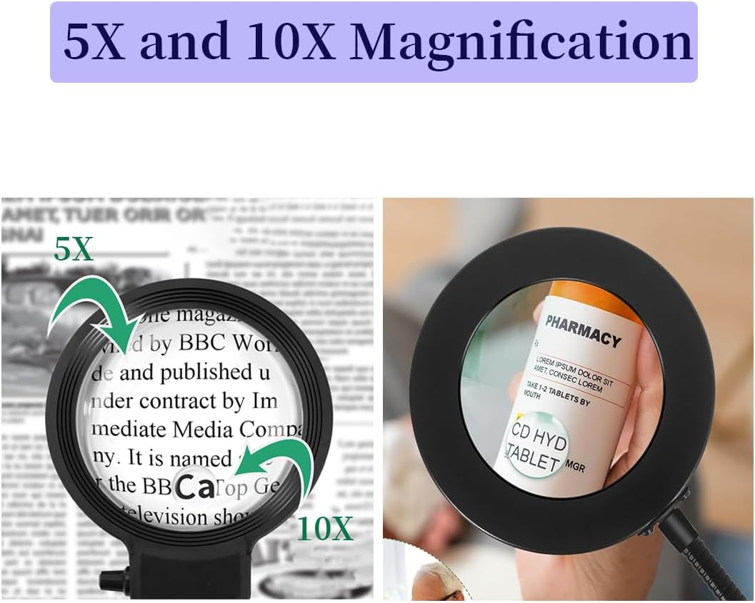 10X Magnifying Glass with 72 LED Lights, Adjustable Color Temperature & Dimmable Lighted Magnifier, Flexible Gooseneck Floor Lamp for Reading, Crafts, Close Work. image number 4