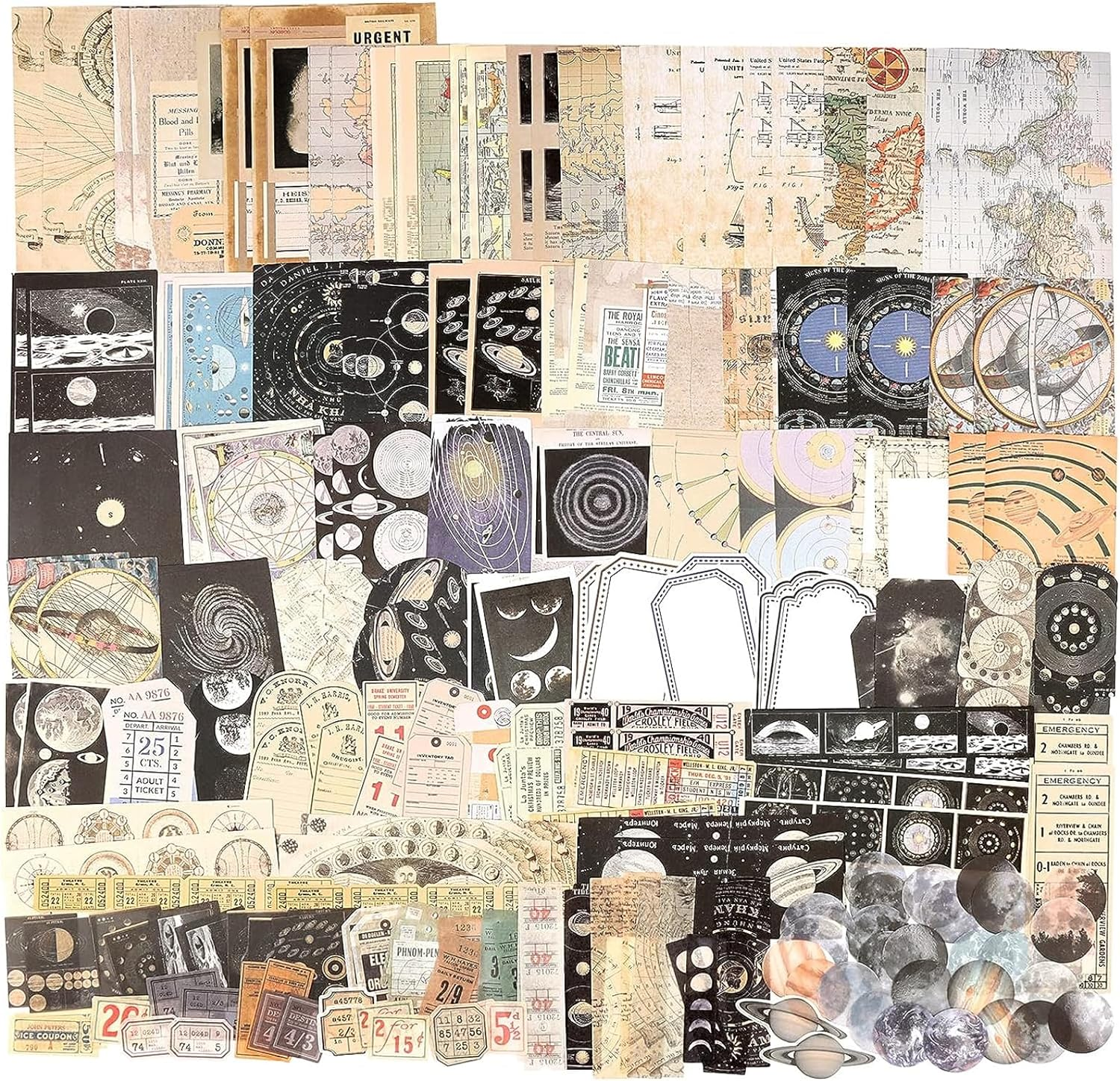 AUXIN 200 Pcs Vintage Scrapbook Supplies Pack for Art Junk Journal Planners Journaling Bullet, Artistic Celestial Notebook Collage Album Aesthetic Picture Supplies DIY Paper Stickers Craft Kits