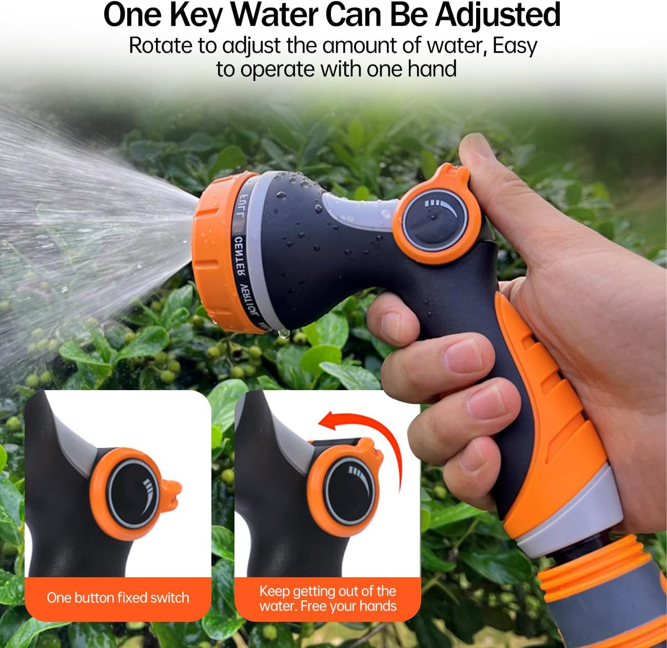 Garden Hose Nozzle, 10 Adjustable Patterns, Zinc Alloy & ABS Plastic, Thumb Switch, Multi-Purpose Sprayer, Orange & Black