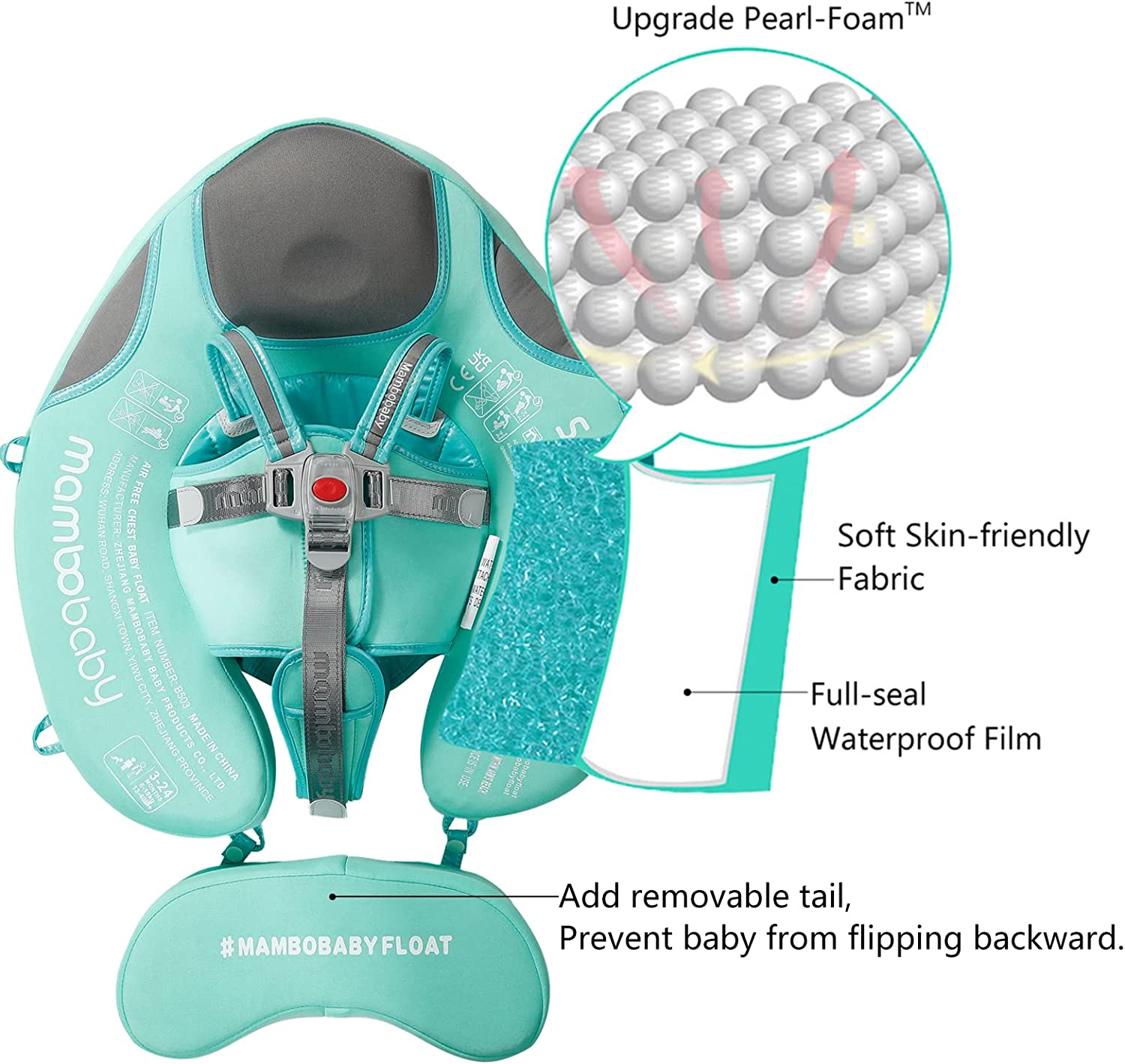 Mambobaby Float Add Tail Newest Baby/Infant Swim Float with Canopy, Non-Inflatable Solid Upgrade Soft Waterproof Skin-Friendly Leather Material image number 1