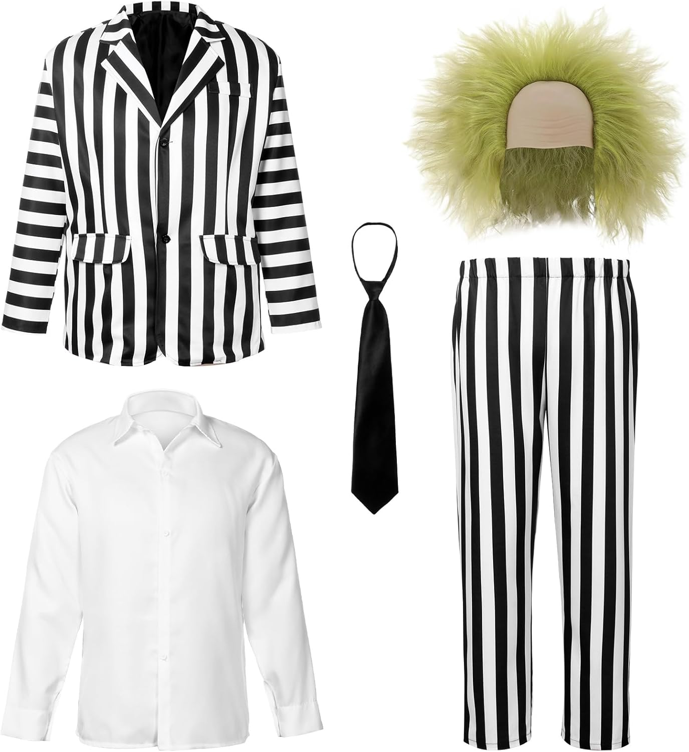 Men Black and White Striped Suit Cosplay Halloween Costume,Adult Horror Comedy Character Cosplay Outfit with Jacket, Shirt, Pants, Tie, Wig,For Men Scary Halloween image number 1