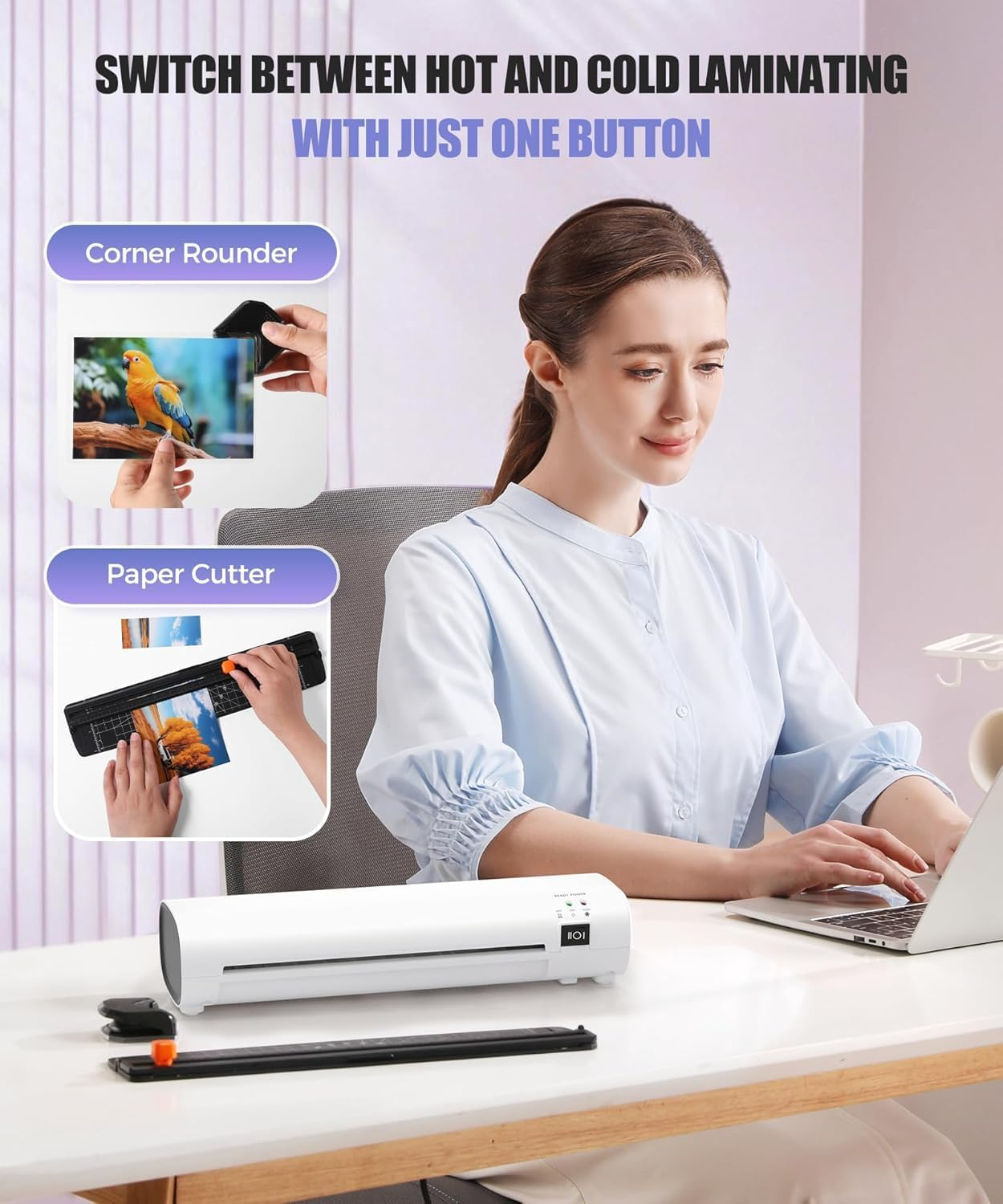 9 Inch Laminator Machine with Never Jam Technology, 15 Laminating Sheets, 4-In-1 A4 Thermal Laminator with Trimmer and Corner Rounder for Office School Home image number 1