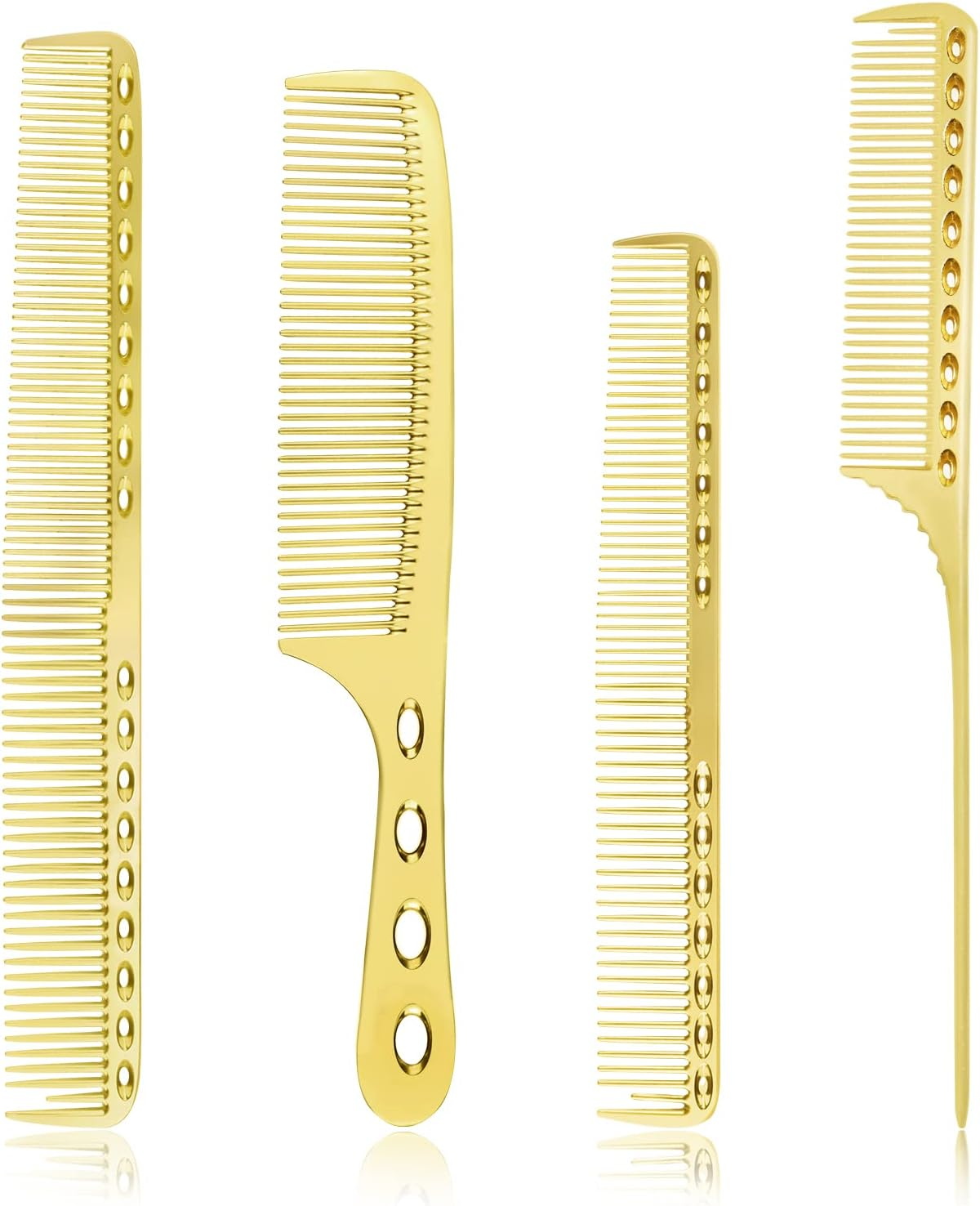 4 Types Metal Comb Set Professional Aluminum Dressing Comb Hair Comb Set for Barber Hair Styling, Included Fine Cutting Comb, Rat Tail Comb, Detangling Comb
