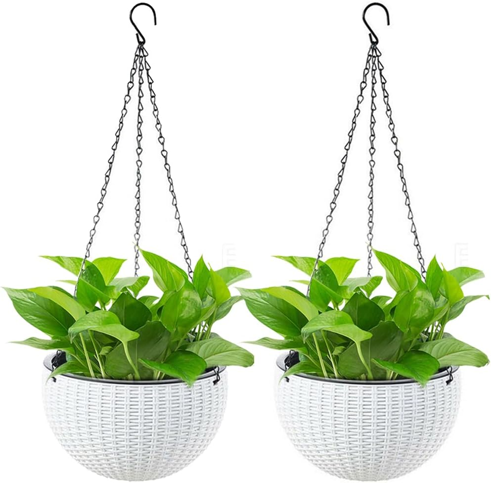 Springup 2 Pack 8.3 Inch Hanging Planters for Indoor Outdoor Plants, Trendy Rattan Design Hanging Flower Pots with Drain Holes, Plant Containers for Garden,Home Decoration,Gift (White) - Dark Grey image number 7