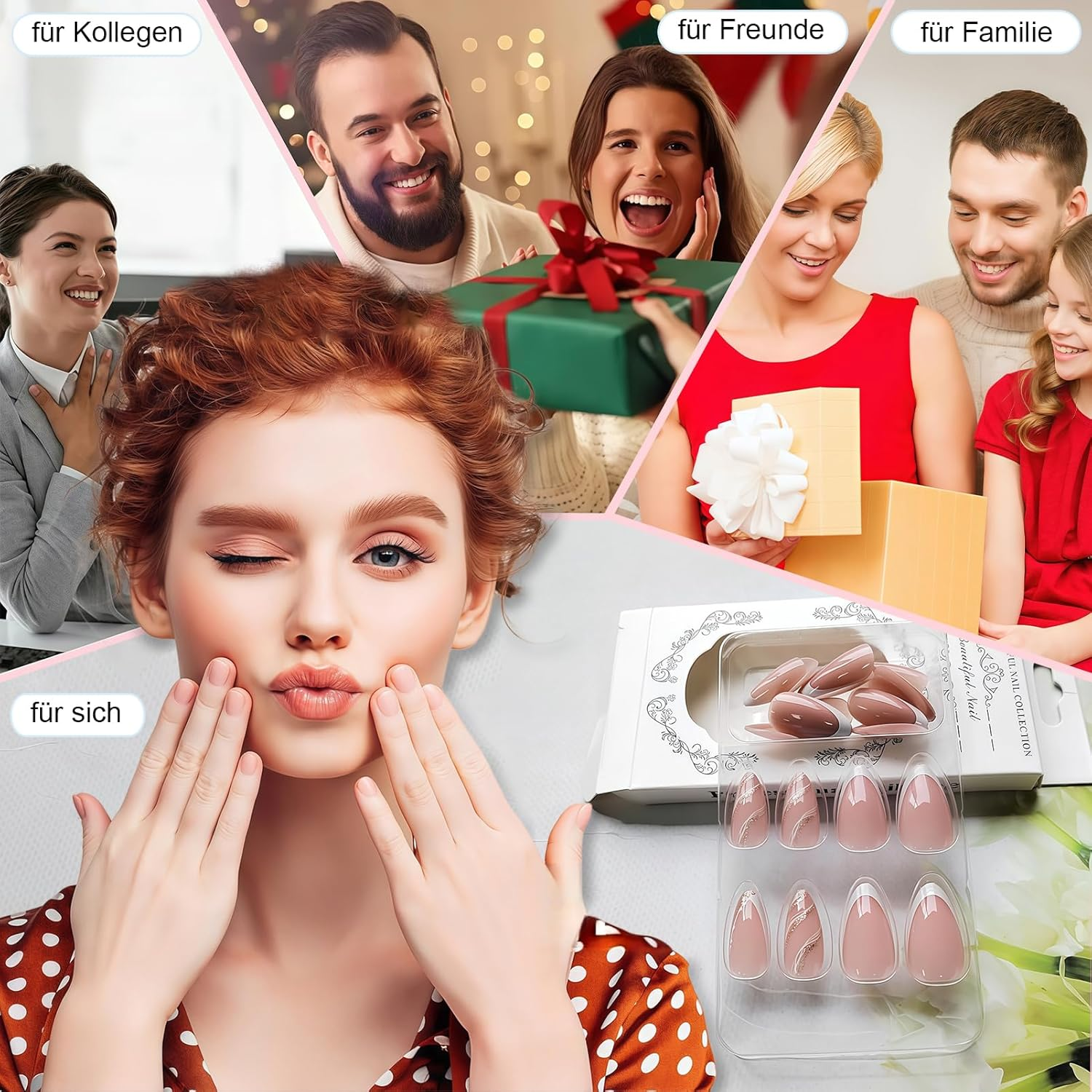 Virellay Almond Fake Nails, Artificial Fingernails, Press on Nails Almond (French with Glitter Line, 24 Pieces) image number 1