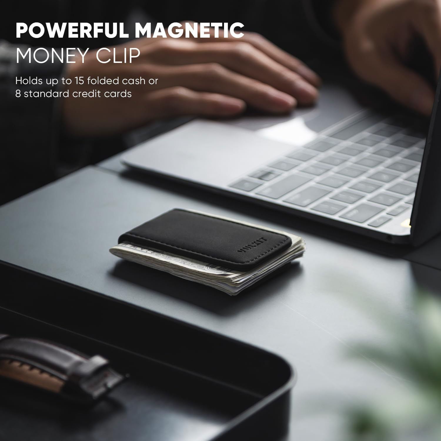 VULKIT Slim Magnetic Money Clip Leather Credit Business Card Holder Bills Holder, Strong Magnet Holds 15 X Folded Bank Notes, Black, One Size, Minimalist, VMC101 image number 5