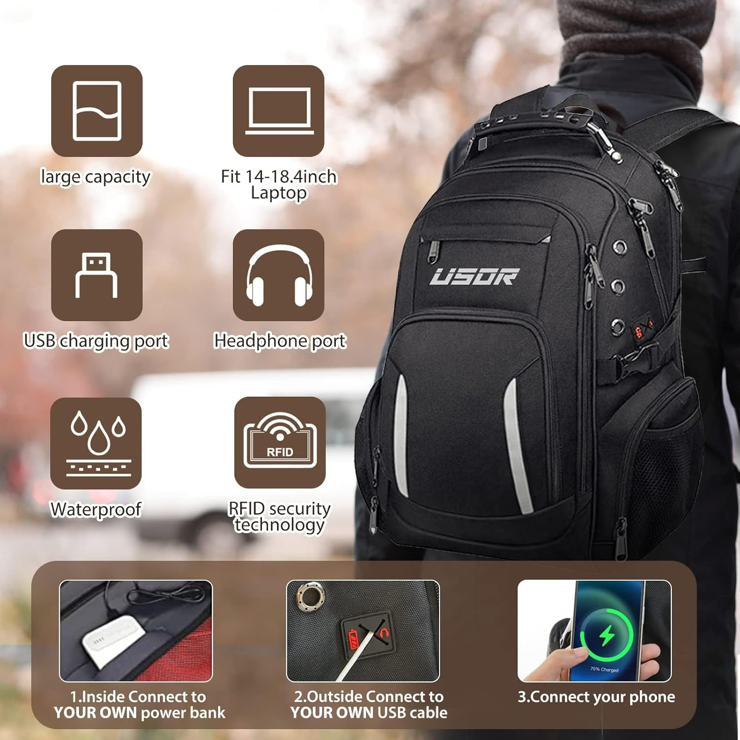 USOR Travel Backpack, Fit 17" Laptop Backpacks with USB and Headphone Port for Men Women, Water Resistant College School Bookbag, TSA Friendly RFID anti Theft Pocket Durable Backpack image number 2