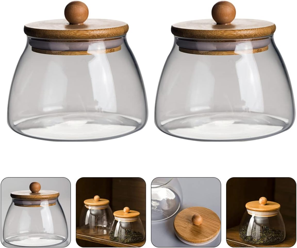 STOBAZA 2Pcs Glass Jar Wooden Lid Wedding Candy Storage Can Party Supplies for Home Kitchen Creative Glass Candy Jar for Snack and Dry Food Storage image number 5