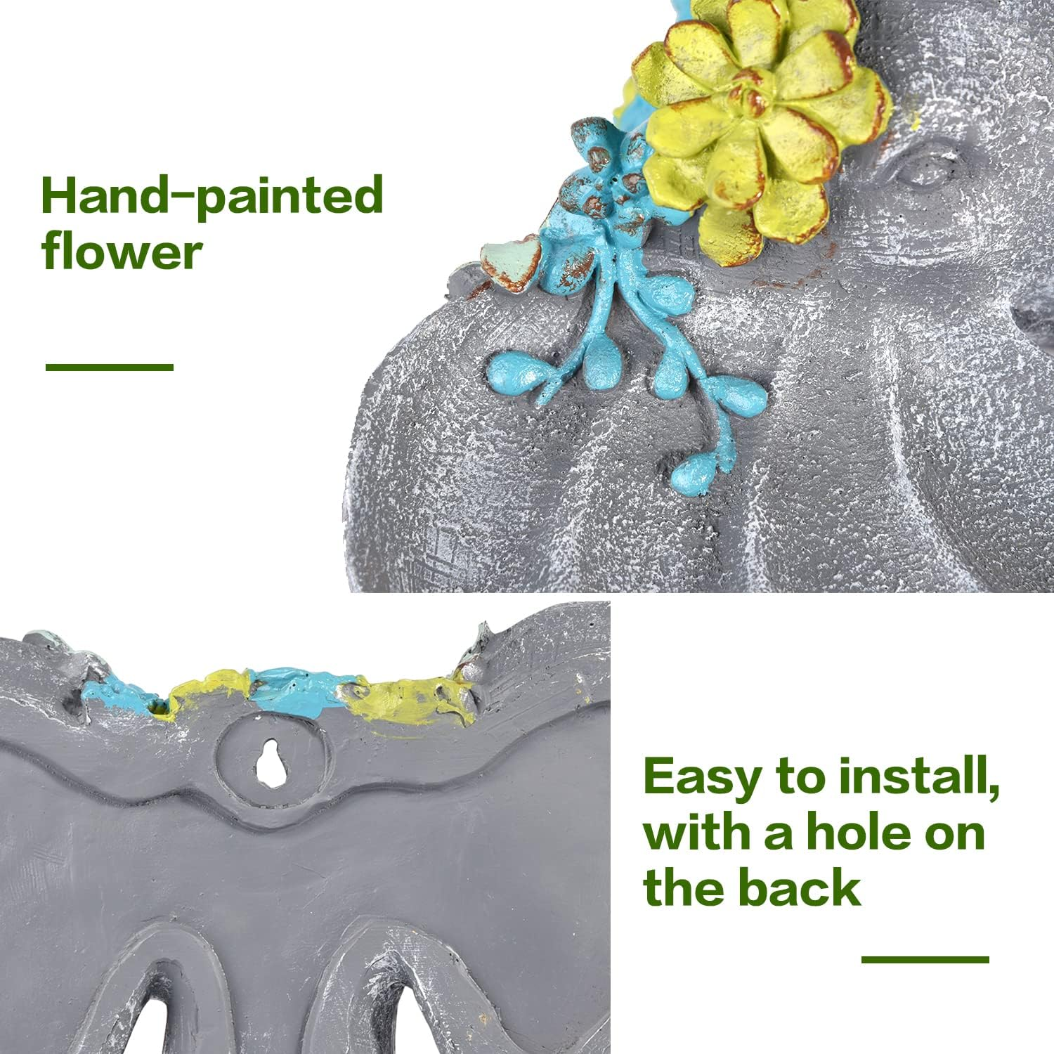 Sungmor Elephant Head Shaped Wall Hanging Planter Flower Plant Pot - Resin & Hand Painted & Grey - Sculpture Garden Wall Decoration Outdoor Plant Container image number 2