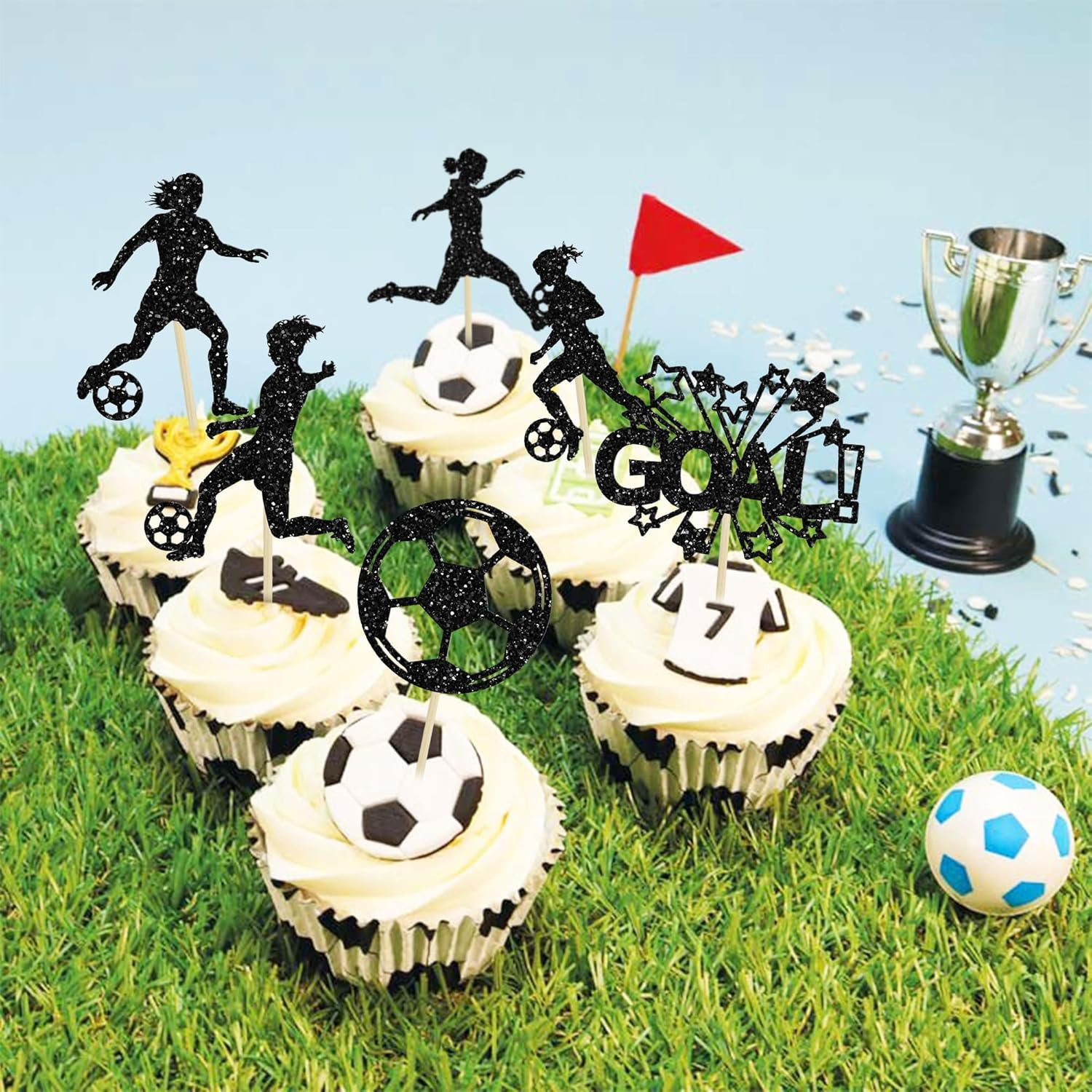 Ephlyn 24Pcs Soccer Cupcake Toppers Glitter Women Girl Football Cake Decorations Sports Theme Cupcake Picks for Soccer Party Decoration Baby Shower Cake Decoration image number 5
