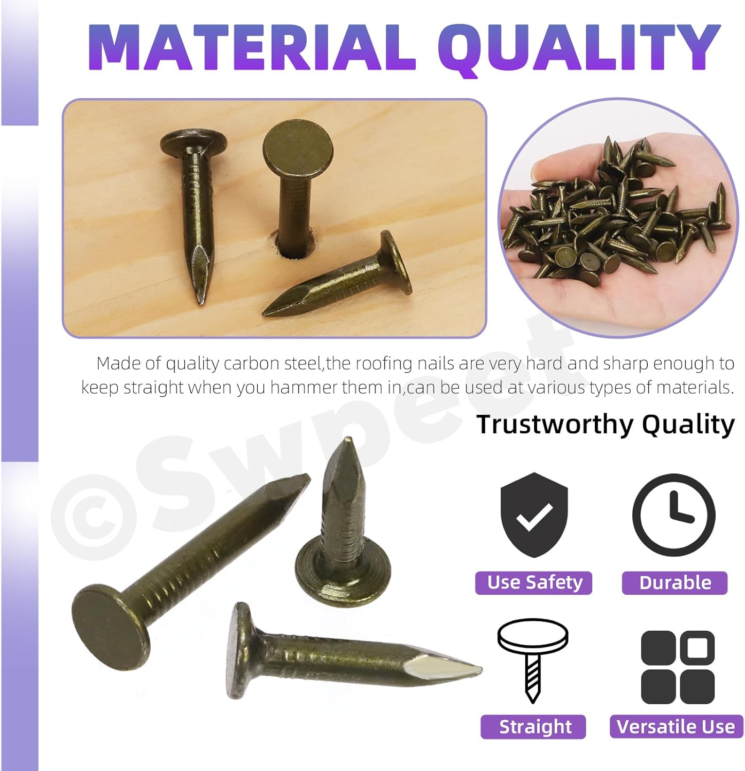 Swpeet 400Pcs 3 Sizes 3/4'' 1'' 1-1/4'' Roofing Felt Lacquered Nails Assortment Kit, Steel Roofing Felt Lacquered Nails Used to Fasten Roofing Felt, Asphalt Shingles and Insulation Board