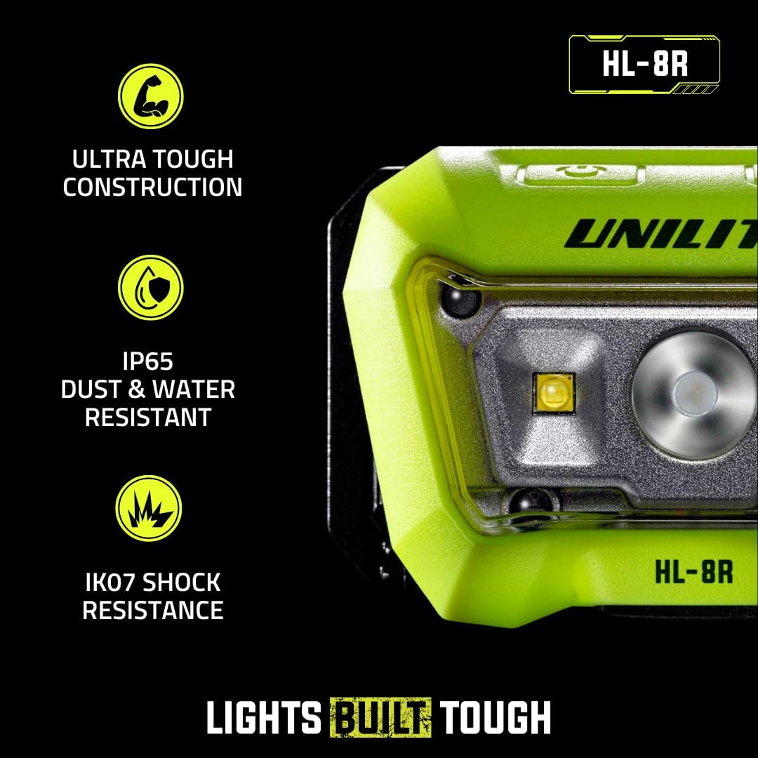 Unilite HL-8R USB Rechargeable Dual Beam Sensor Head Torch | 475 Lumen | 6500K | 4 to 35 Hours Run Time | 90 Meter Beam Range | IP65 IK07 image number 1