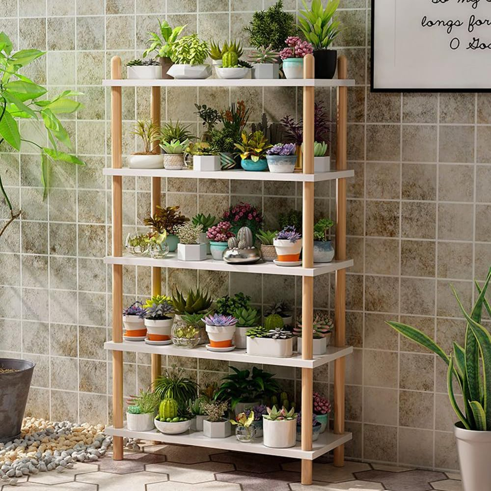 Hbluefat 5-Tier Bookshelf, Floor Standing Display Solid Wooden Bookcase, Modern Simple Open Multifunctional Storage Shelving for Living Room Home Office (White)