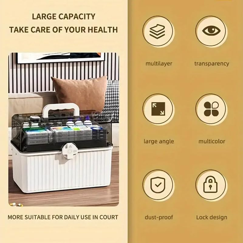 AIMALL Large-Capacity Multi-Layer Medicine Box with Lockable Transparent Lid &ndash; Home First Aid & Drug Storage Organizer for Emergency Use &ndash; White/Blue