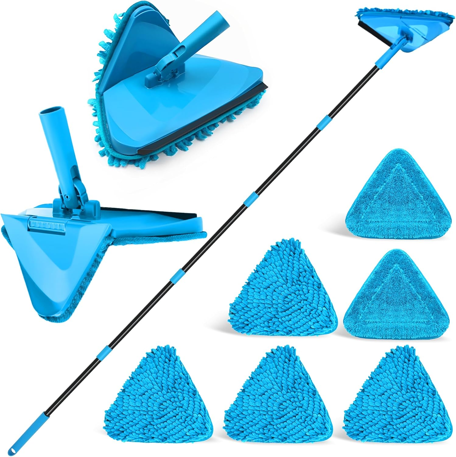 NEWE Wall Mop Cleaner with 202 Cm Long Handle, 180&deg; Folding Ceiling Cleaning Tool with Squeegee, Triangle Baseboard Scrubber with 4 Chenille Duster and 2 Microfiber Pads for Washing Painted Walls