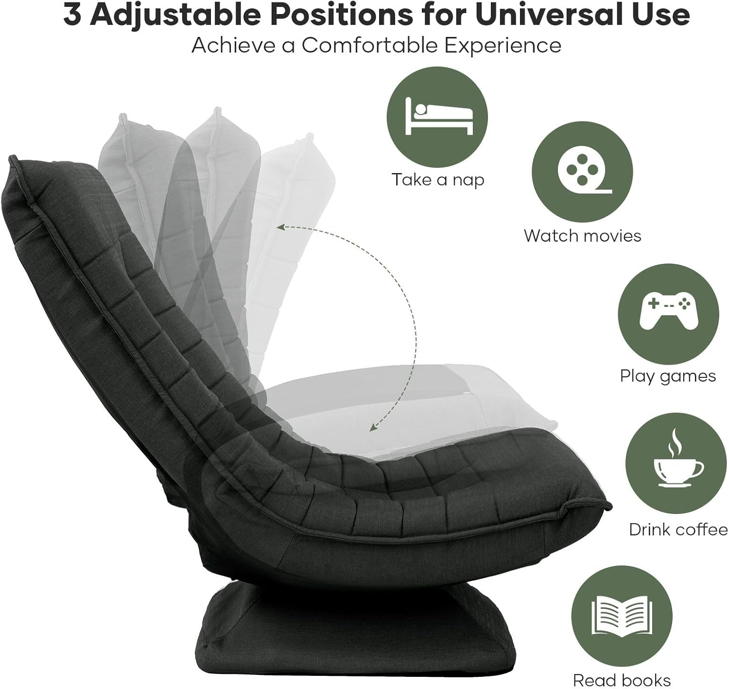 Luxsuite Swivel Floor Chair 3-Position Adjustable Folding Lazy Sofa Lounger Bed for Home & Living Room Chaise Lounge Indoor Dark Grey image number 5