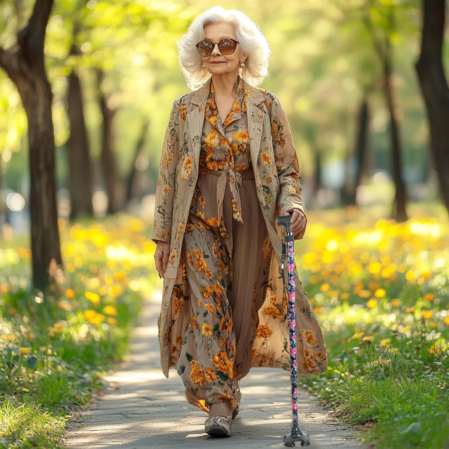 Begrit Walking Stick Adjustable Cane for Women Ergonomic Handle Stabilising Base - Small Flower image number 2