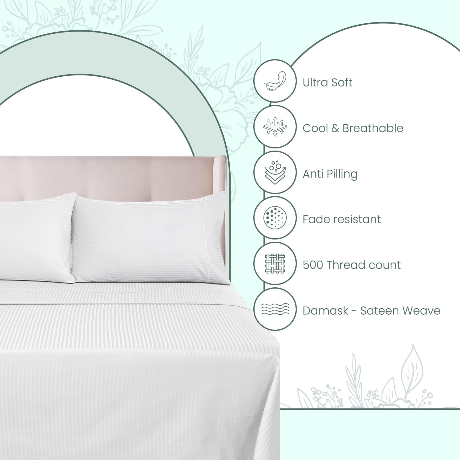 Feather & Stitch King Size Damask Bed Sheets|100% Soft Cotton Breathable Bedsheet Set of 4|18" Deep Pockets 500 TC Sateen Weave Striped Bedding Mattress Resort Hotel Luxury Decor|White image number 5