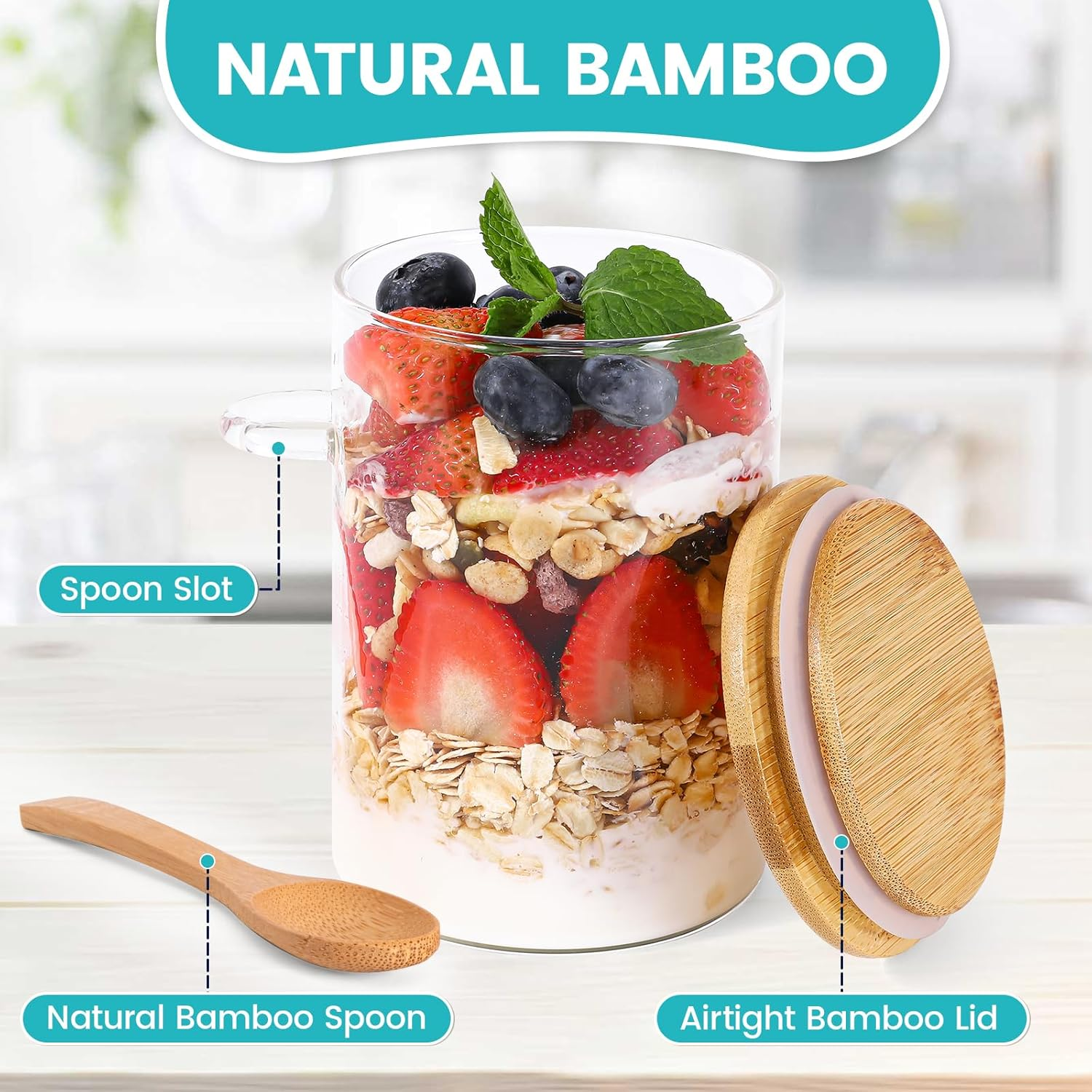 Feshory 4 Pack (500Ml /16.9Oz) Overnight Oats Containers with Lids and Spoons - Wide Mouth Glass Jar, Meal Prep Containers for Yogurt, Breakfast, Salad, Fruit, Chia Pudding (4X500Ml) image number 4