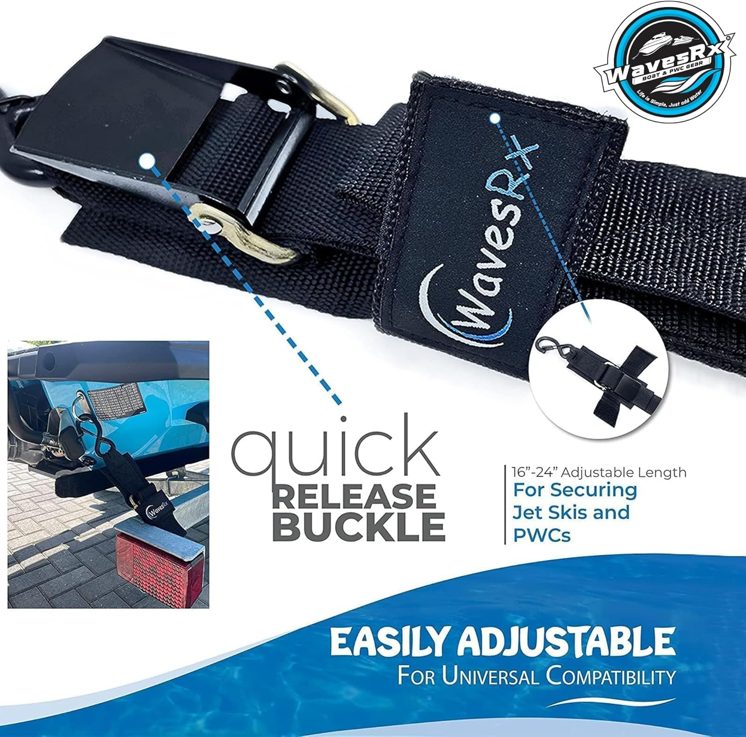 Wavesrx Marine Boat Trailer Transom Tie-Down (2 Pack) | Adjustable 2"X48" Safety Straps | 1200 LBS Capacity to Securely Transport Boats, Jet Skis and Other PWC