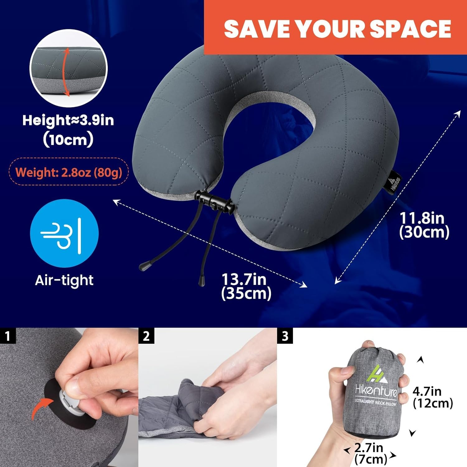 HIKENTURE Travel Pillow, Ultralight Inflatable Neck Pillow, Fully Inflated in 3 Breaths, Ergonomic Travel Neck Pillow for Airplane & Car, Portable Flight Pillow with Adjustable Softness(Grey)