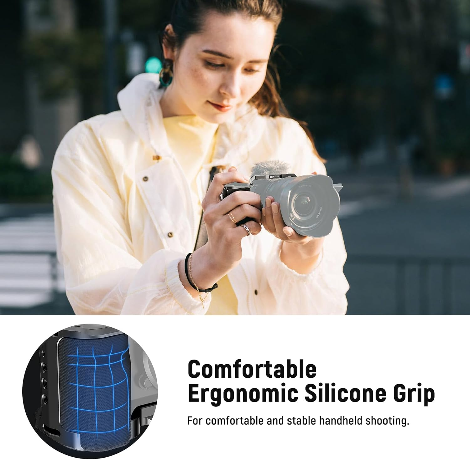 NEEWER ZV-E10 Camera Cage with Silicone Grip, 1/4" Threads, 3/8" ARRI Locating Holes, Arca Type QR Base, Protective Metal Video Rig Compatible with Smallrig Handles DJI RS Gimbals Sony ZV-E10, CA003S image number 6