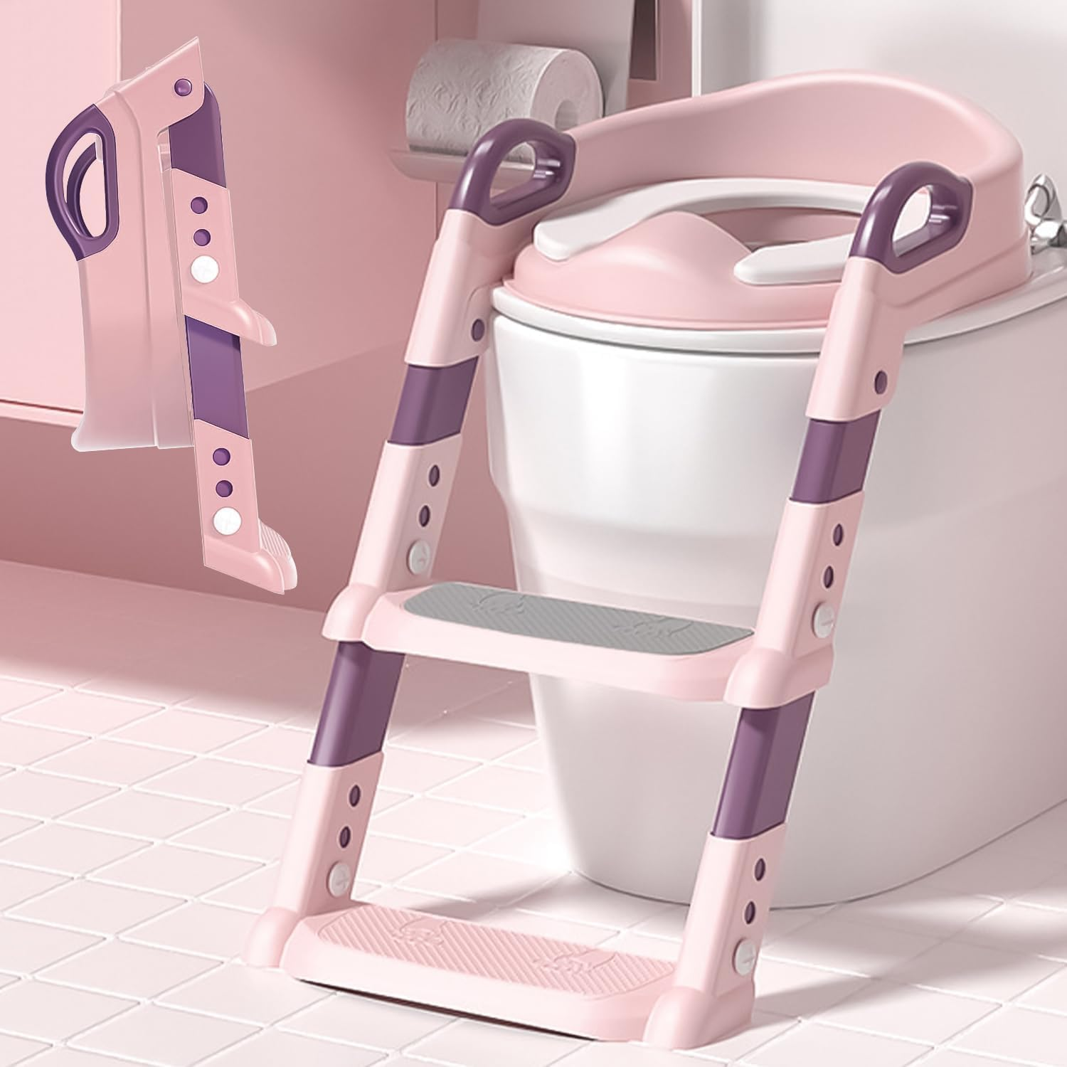 Yakiter Potty Training Seats, Kids Toilet Training Seat with Step Stool, Adjustable Height Ladder Guard Handle Soft Cushion White, Step Stool 2 in 1 Foldable Chair for Baby Toddler Boys Girls (Pink)