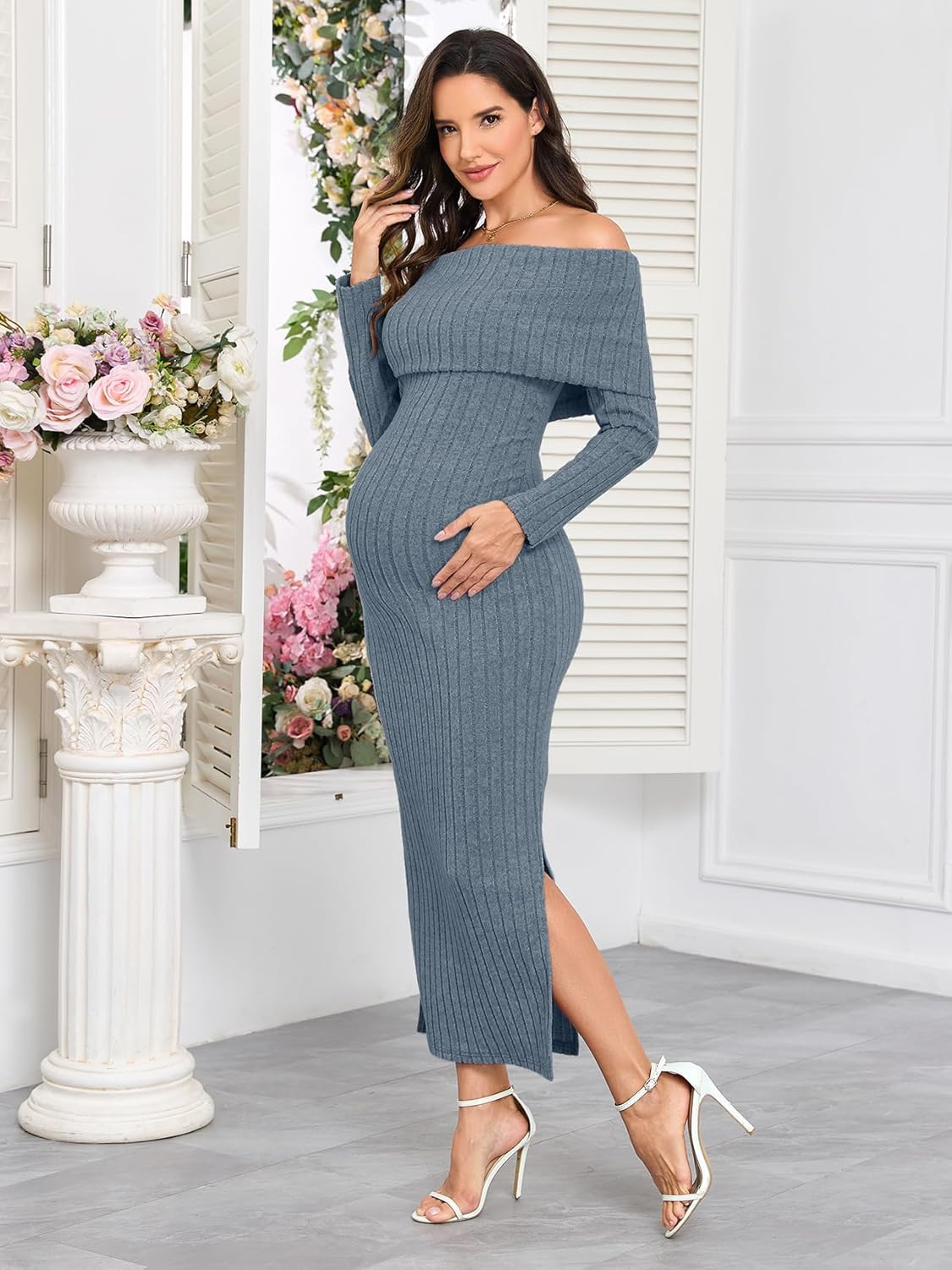 CYCLAMEN Off-Shoulder Maternity Sweater Dress Rib Knit Long Sleeve Dresses with Side Slit Pregnancy Clothes Baby Shower