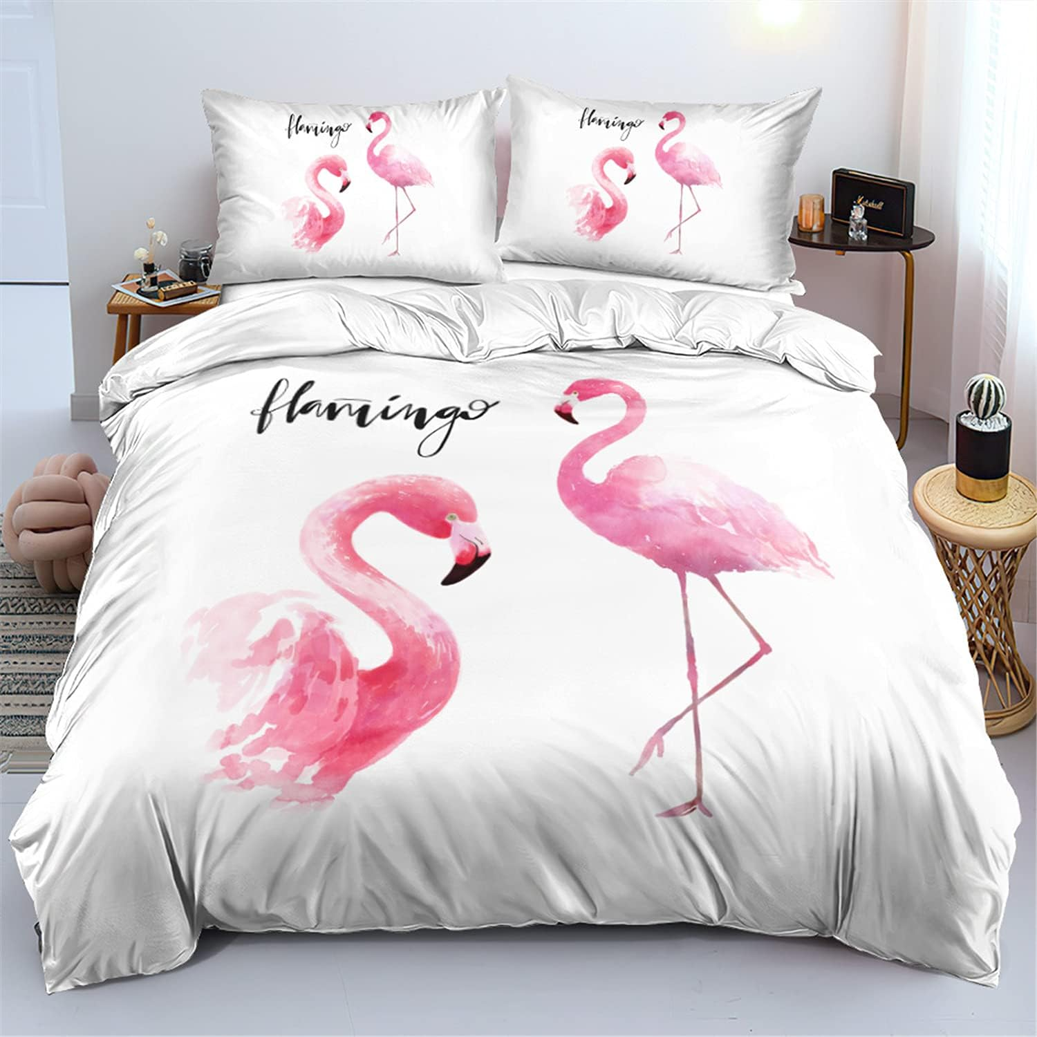 NINGMCE Elegant Flamingo Duvet Cover Romantic Scandinavian-Inspired Theme Pattern Bedding for Kids & Teens Soft Microfiber Quilt Cover Single/Double/King (3/4 PCS) (C,Queen-3Pcs)