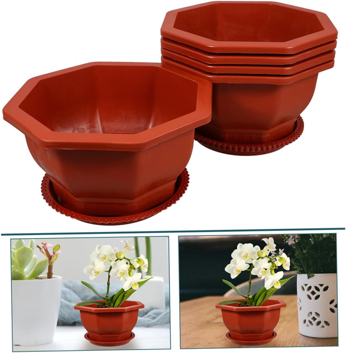 FONDOTIN 5Pcs Red Octagonal Thickened Flower Planter Pots with Drainage Tray for Indoor and Outdoor Gardening Small Plant Pots Set for Bonsai and Orchid Growing image number 4