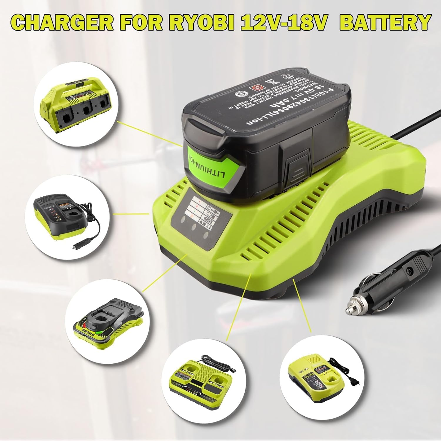 Rapid Auto Charger Replacement for Ryobi One+ 12V 14.4V 18V Lithium-Ion/Nicad/Nimh Battery, Car Vehicle Charger for Ryobi P102 P108 P189 P197 P103 P105 P107 P190 P191 PBP002 PBP005 image number 1