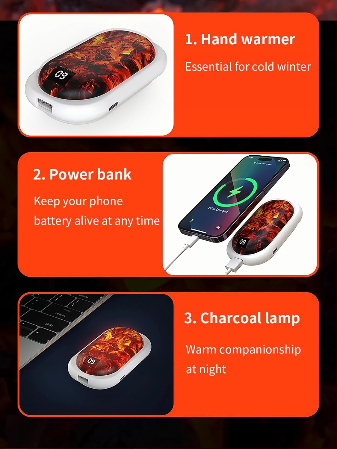 Hand Warmer Rechargeable, Electric Portable Pocket Heater with Power Bank Function, Gifts for Friends and Families, 12Hrs Long Lasting, 3 Heat Levels, for Arthritis, Camping, Hunting image number 4