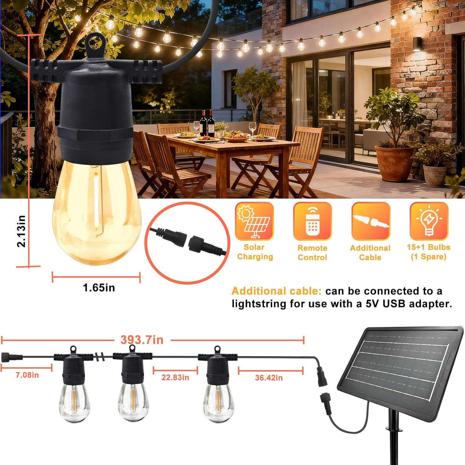35M Solar String Lights Outdoor with 30 S14 Leds & 2 Spares, 48Hrs 7200Mah, Usb/Solar Charging, 8 Modes Remote, IP65 Waterproof, 2 Installation for Garden image number 1
