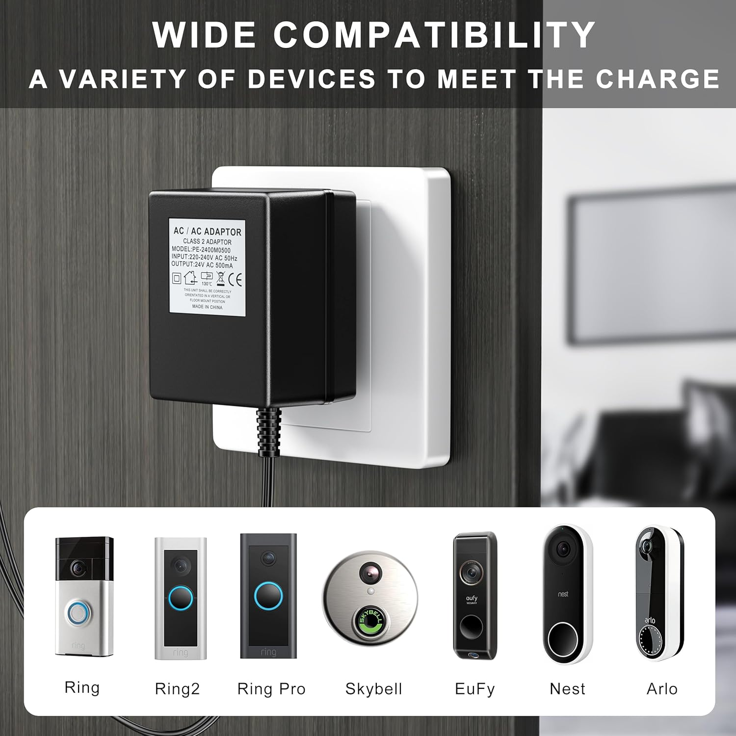 24V 500Ma Power Adapter,Extra Long 8M Extension Cabel Doorbell Transformer for Nest Ecobee Sensi, Honeywell,Ring Video Doorbell, Wyze Doorbell,Eufy Pro Cam,Zmodo Wifi Smart Doorbell Power Supply image number 2