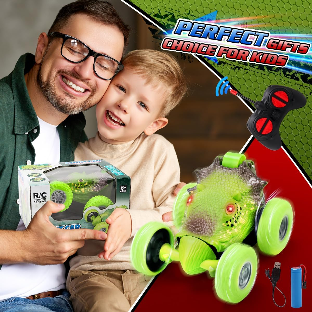 Qizebaby Remote Control Car for Kids，Dinosaur Toys RC Stunt Car，360&deg;Rotating RC Car with Rechargeable，Toy for 3 4 5 6 7 8 9 Year Old Boy Christmas Birthday Toys Gift image number 5