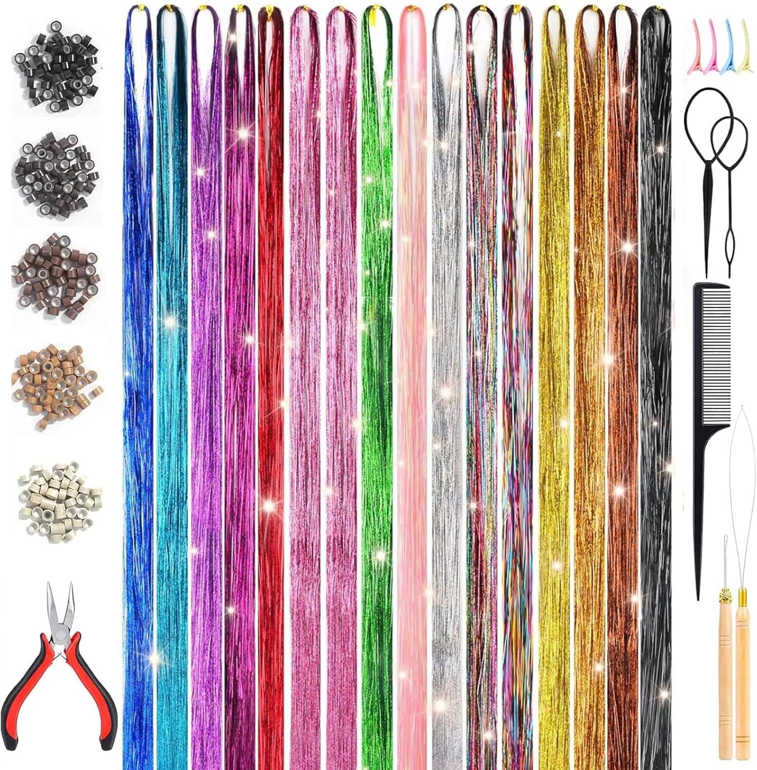 3200 Strands Hair Tinsel Kit,Fairy Hair Tinsel Tool for Shiny Hair Extension,Heat Resistant Fairy Tinsel Hair Kit for Women Girls Cosplay Party Festival Hair Accessories(48 Inch, 16 Colors) image number 1