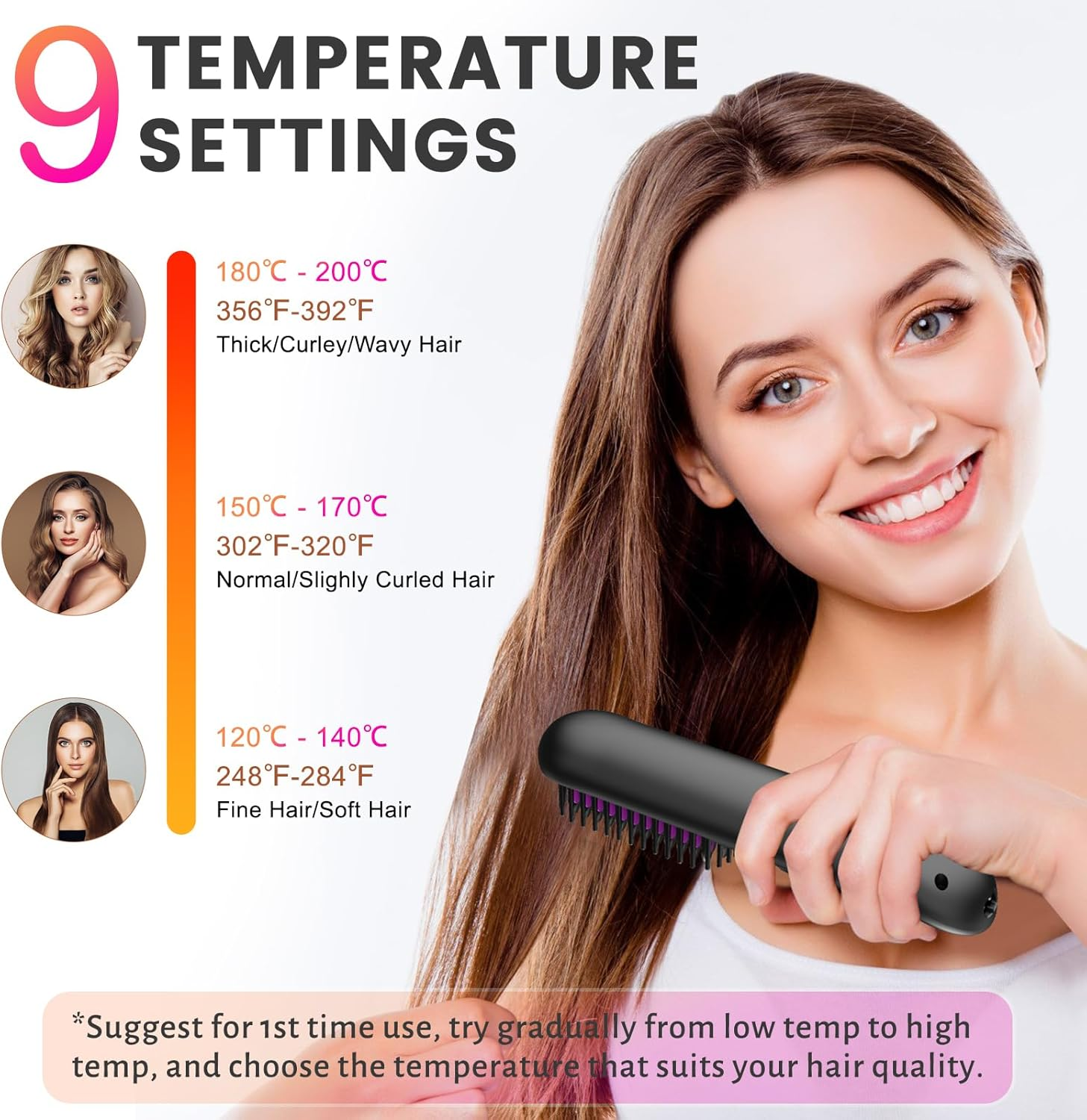 Biupky Cordless Hair Straightener Brush, Portable Hair Straightener Comb with 50 Million Negative Ion and Protein, Type-C Rechargeable Travel Hair Straightener with 9 Temp Settings & Led Display image number 6